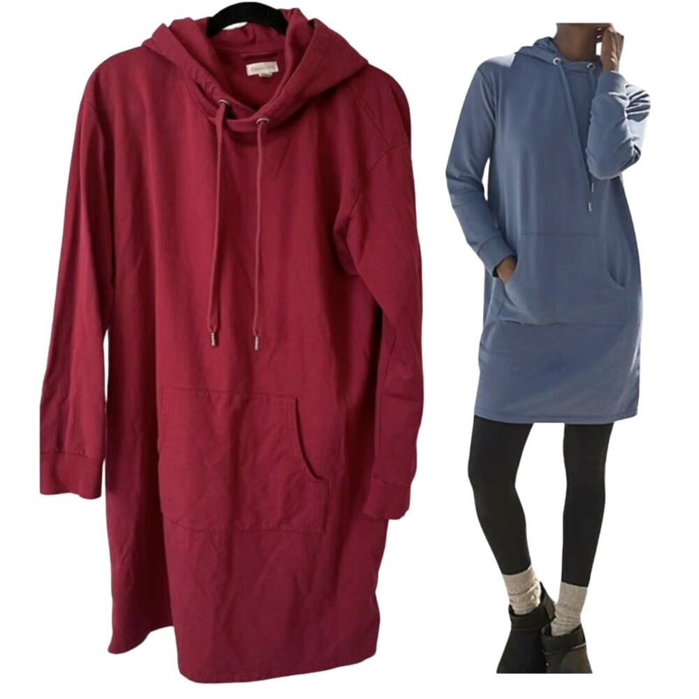 Garnet Hill Sz M RED Trainer Hooded Dress Side Zip French Terry Comfy Athleisure